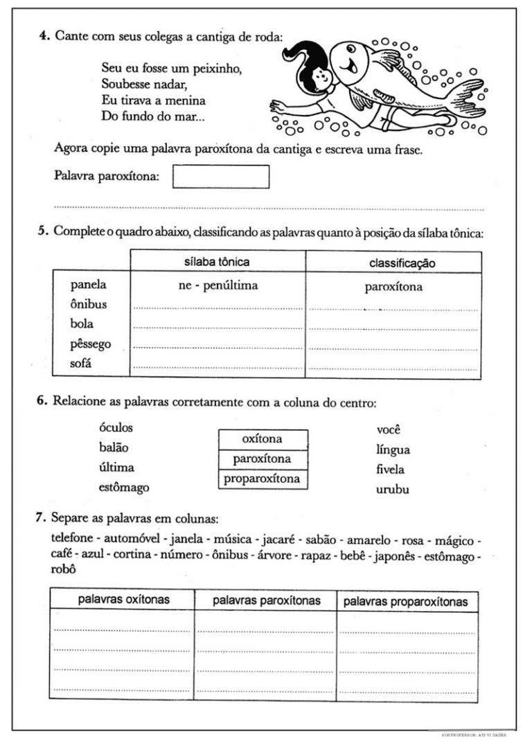 Atividades sobre Sílaba Tônica para imprimir Mundinho da Criança